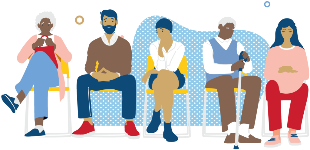 A group of people all ages, genders and ethnicities who all suffer from thrombosis sat on chairs with some art behind them