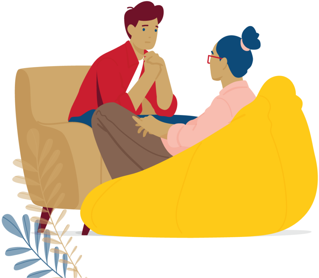 Two people sat on chairs sharing their thrombosis stories