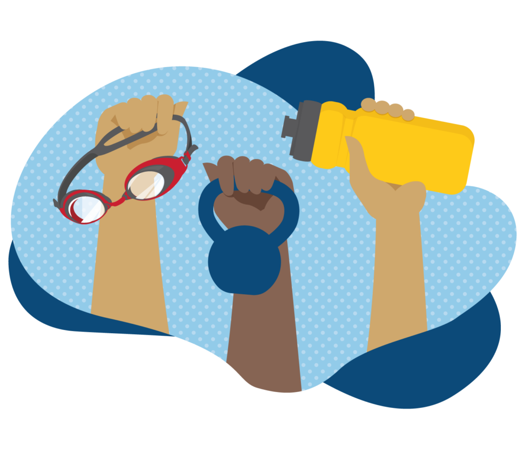 arms in the air holding goggles a weight and a bottle